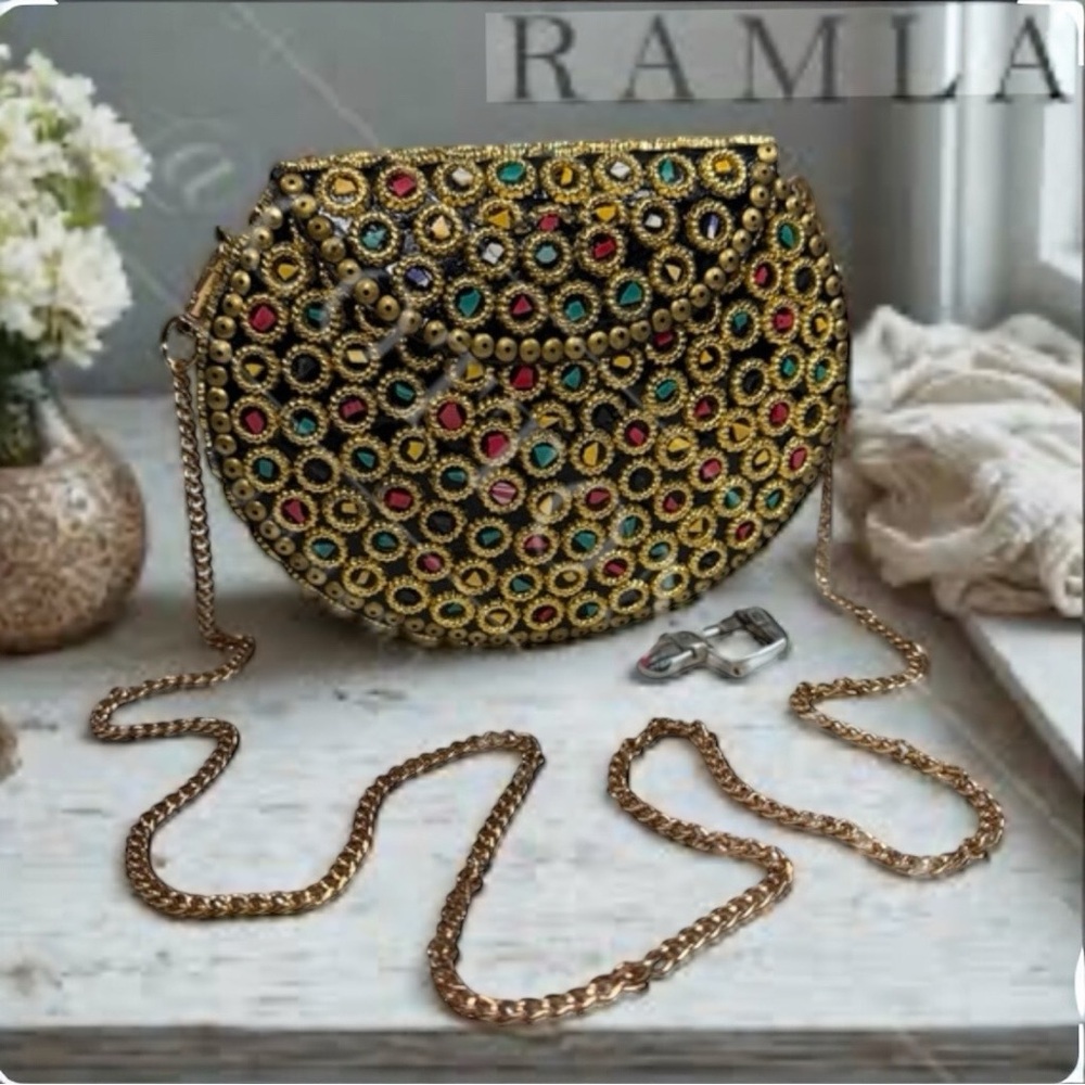 New Ramla Atom Multicolored Mosaic Handmade Crossbody Clutch Bag w/ Chain